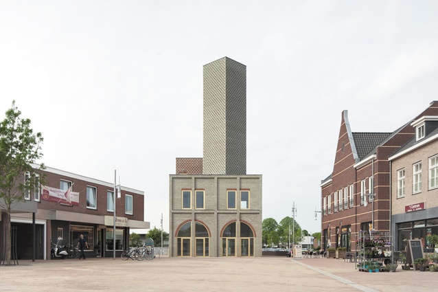 Abstract Tower by Monadnock in Nieuw-Bergen, the Netherlands. This viewing tower is made with a variety of brickwork techniques alongside contrasting tones of red and green.