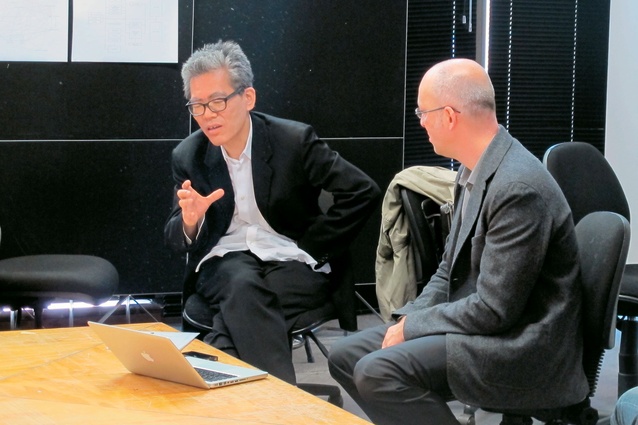Nishizawa in discussion with Professor Andrew Barrie at the University of Auckland.