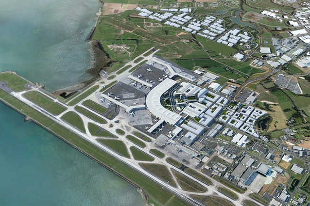 Render of the proposed Auckland Airport 30 year masterplan by Skidmore, Owings and Merrill, featuring a large, crescent-shaped terminal.