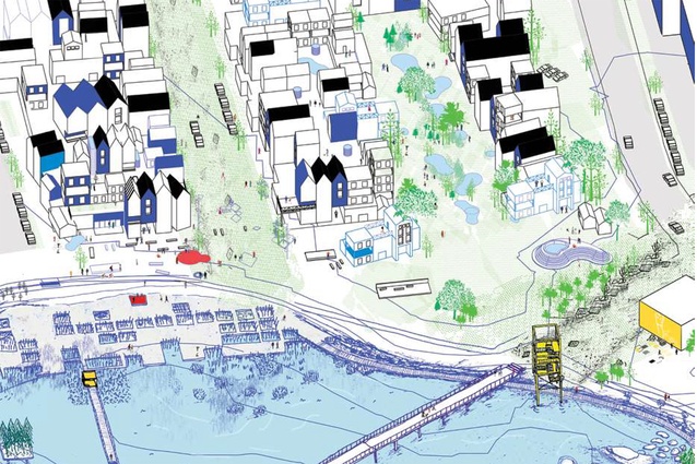 The hand illustrated graphic in blue is the proposed design catalyst. The computer illustrated graphics are applications from The Toolkit as developments in the city.