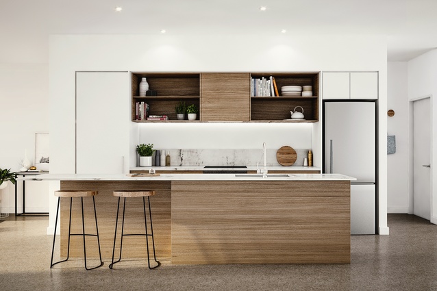 Render of a kitchen in a terrace house at Market Cove.
