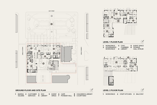 Ground floor and site plan, Level 1 floor plan and Level 2 floor plan.