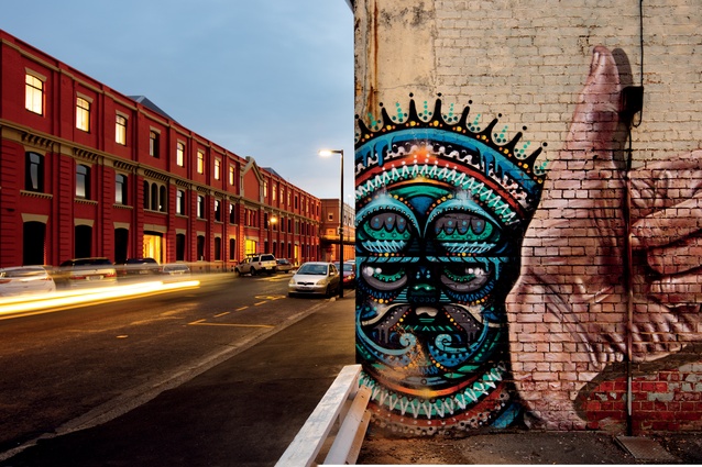 Large-scale paintings by local and international artists adorn the brick walls of 77 Vogel Street.