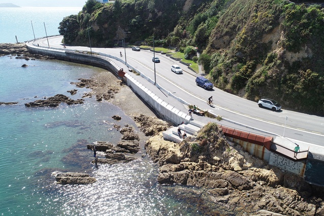 Wellington’s Ōmarukaikuru is a prominent section of walking and cycling infrastructure, which responds to the context of this rugged coast.