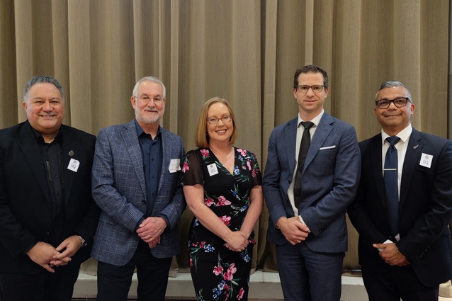 From left: Huia Reriti (Te Kāhui Whaihanga NZ Institute of Architects), Russell Turner (Construction Information Ltd), Claire Falck (BRANZ), Hon Chris Penk (Minister for Building and Construction) and Ankit Sharma (Registered Master Builders Association).