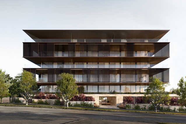 Soto apartment building, Meadowbank, Auckland. A 58 high-end apartment scheme with materials that include German limestone and bronze detailing. Interiors designed by Hare.