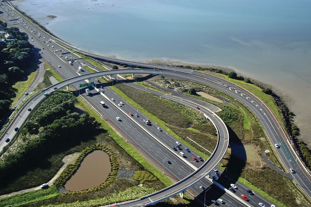 "The mass planting of wetland and harbour edge species, placement of stormwater ponds and associated earth mounding to integrate the road network into the landscape has achieved a dramatic planted feature."