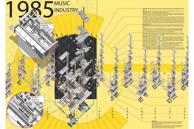 Jeffrey Tighe's series of axonometric diagrams piece together a line of continuous occupancy at Phantom Records, 373-375 Pitt Street, Sydney, Australia.