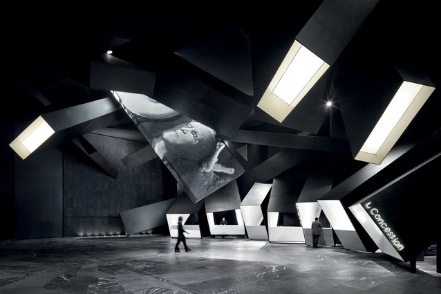 Exploded Cinema in China, by One Plus Partnership, uses skewed perspectives and protruding boxes. 