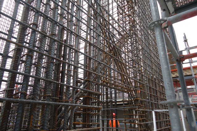 The extent of reinforcing in the core, with diagonal reinforcing steel within shearwall reinforcing. 