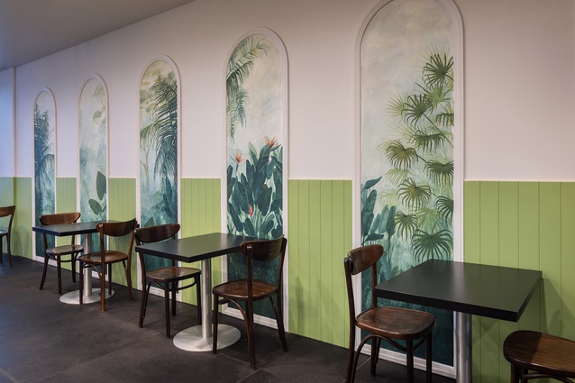 Kākāriki Coffee Murals by Pynenburg & Collins Architects, winner of the Resene Total Colour Commercial Interior Public+Dining Award.