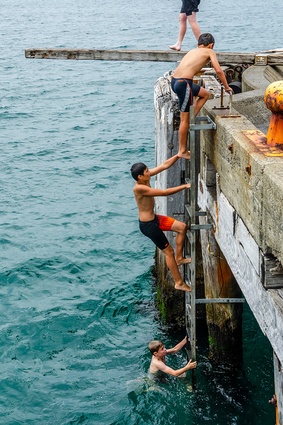 Teens using the diving board on Wellington’s waterfront.