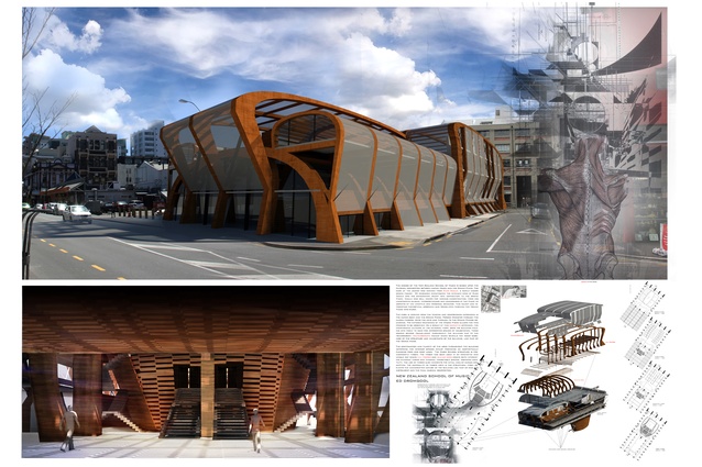The timber and steel New Zealand School of Music, Wellington. Final B.Arch design project, 2013. This project was entered in the 2014 New Zealand Timber Awards.