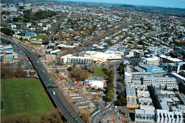 Aerial view of the SH1 Victoria Park Tunnel Project under construction.