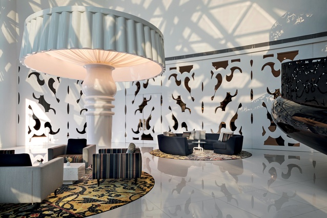 There are giant columns with golden eggs, a ‘tree of life’ made of flowers and intricate mosaic tiling within the Mondrian Doha hotel. 