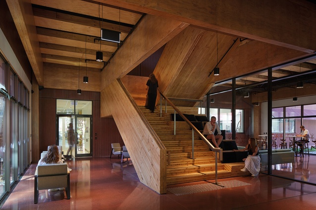 Inside the main entry, timber stairs link the
two wings.