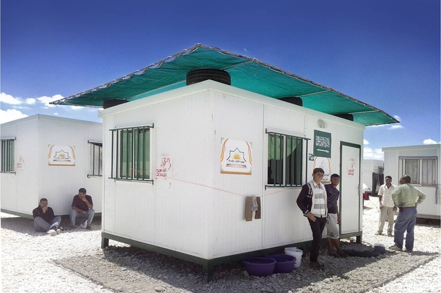 Shelter summerization, Zaatari refugee camp in Jordan: a DIY upper canopy + veranda assembly kit to mitigate shelter internal temperature and offer an external protected space to refugee families.