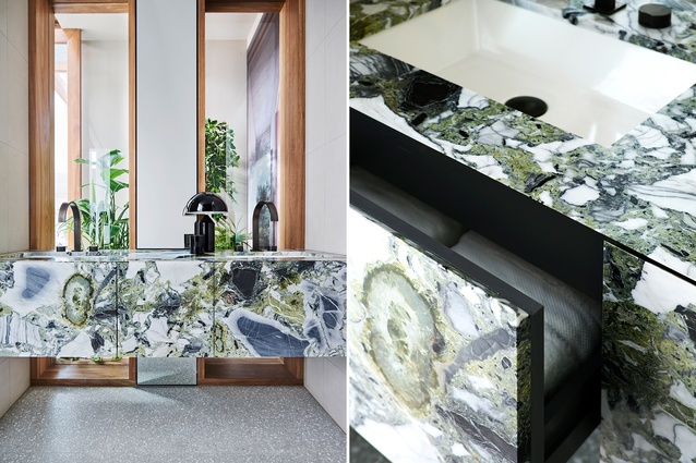 Biophilic: SJB’s Clarion Apartment bathroom in Sydney incorporates marble that mimics nature in its heavily patterned grey, green and white finish. It resembles a rocky surface or aerial landscape and makes this elegant space nothing short of striking.