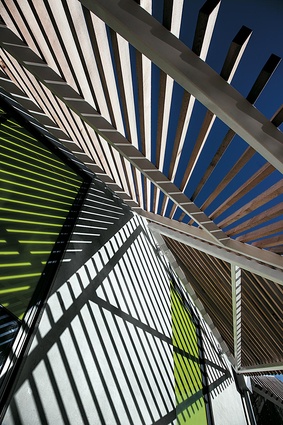 External detail of the triangulated shade canopies.
