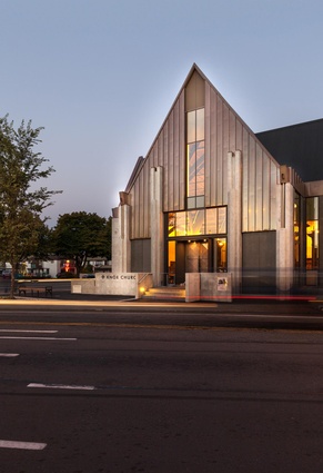 Public Architecture Award: Knox Presbyterian Church rebuild by Wilkie + Bruce Architects. New west entry from Victoria Street.