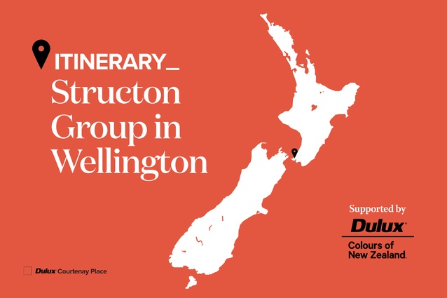 Itinerary: Structon Group in Wellington. Featured is <a 
href=" https://www.dulux.co.nz/colour/oranges/courtenay-place/"style="color:#3386FF"target="_blank"><u>Dulux Courtenay Place</u></a>, Dulux Colours of New Zealand.