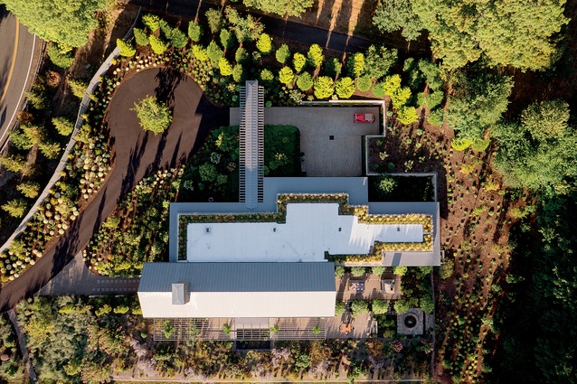 Aerial view of Portland house and surrounding gardens.