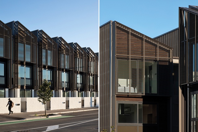 Horizontal aluminium slats veil the façade’s top floor and the bedrooms it contains.