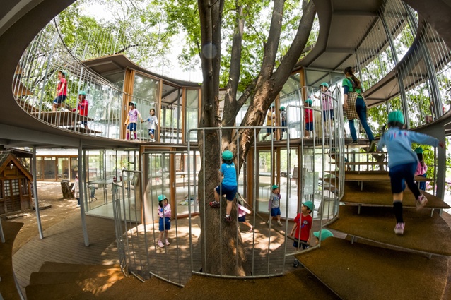Fuji Kindergarten. The architect has worked around several existing trees, allowing nature to act as a playground – children are encouraged to climb trees here.
