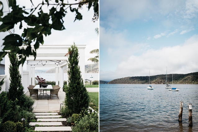 L: The gazebo was an existing feature of the house. This courtyard faces south-west. R: The view is across Pittwater towards Ku-ring-gai Chase National Park and Scotland Island.
