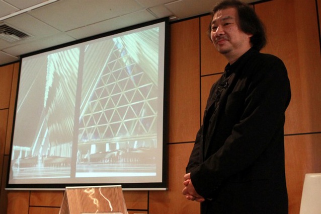 Shigeru Ban unveiling his design for a temporary Christchurch cathedral.