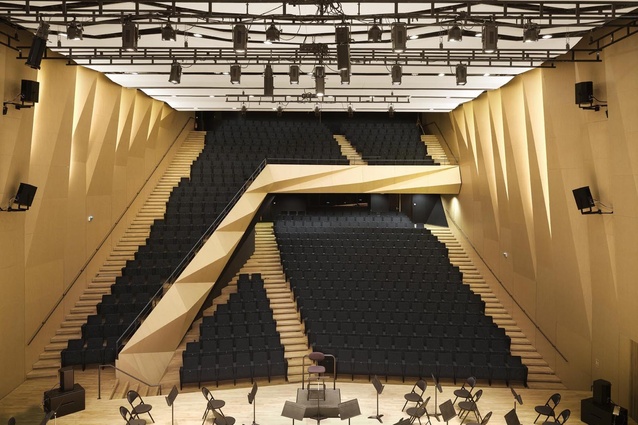 Folding is utilised to best effect for the grand concert hall of the Aix en Provence Conservatory of Music in France by Kengo Kuma and Associates, the result being an asymmetrical, free-spirited interior.