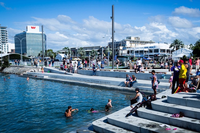 Tauranga's new tidal steps fold down into Tauranga Harbour from The Strand. Designed by LandLAB, they connect the waterfront with the city centre.