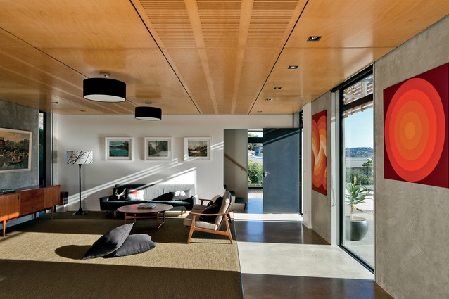 Tilt Panel House, Nelson, 2008. Inside, the commercial 'feel' has been softened to create a light-filled family home.