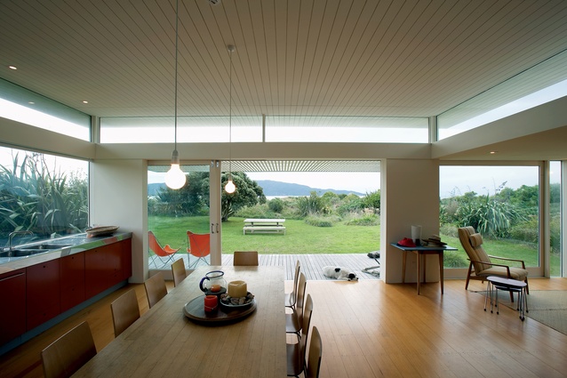 The kitchen and dining areas look out towards Kapiti Island.