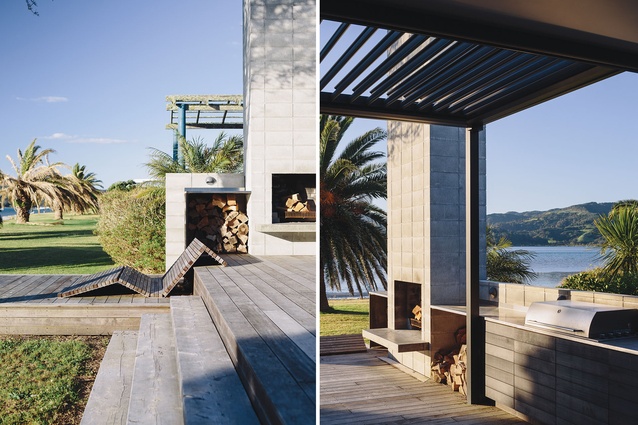 The deck has a built-in barbecue and a chaise designed by the site's landscape architect, Orson Waldock. 