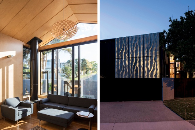 The house is clad with black-stained vertical cedar and inside, plywood lines the walls and the ceilings.