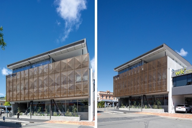 The view of Tinline’s three-storey façade from Wakatu Lane shows: the raised ground-floor level and recessed entry ramp; the start of the steel cross brace; the aluminium sunscreen; and the pre-cast concrete sidewall balustrade at the top level.