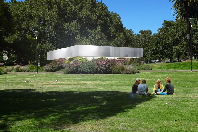 The 2017 MPavilion by Rem Koolhaas and David Gianotten of OMA will consist of an aluminium-clad canopy structure over a amphitheater space.