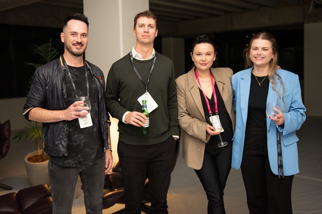 Emile Rademayer from Vandal (far left) and MC Kristina Martin (second from right) with guests at The Formery.