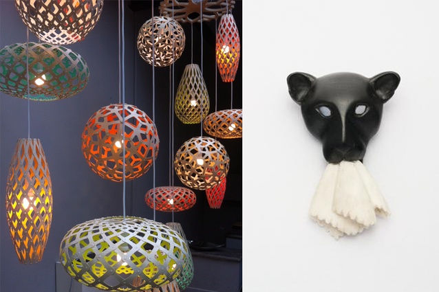 On display at KETE. Left: Lightshades by David Trubridge. Right: Handkerchief Panther by Jane Todd.