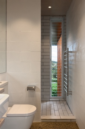 The white bathroom adds minimalist contrast to the timber. 
