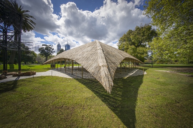 M Pavilion, Melbourne by Bijoy Jain of Studio Mumbai. An exploration of traditional handmade architecture, it is constructed from 7km of bamboo, 50t of stone and 26km of rope.