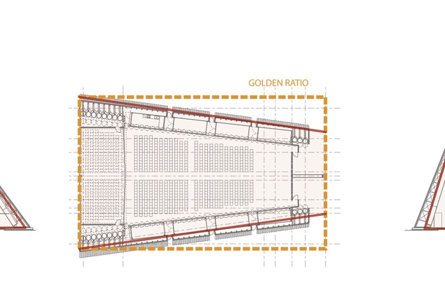 Proportion diagram of new Christchurch ‘Cardboard’ Cathedral: west elevation, east elevation and plan.