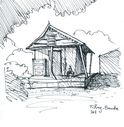 Sketch of a traditional kay house, drawn by Arnika Blount.
