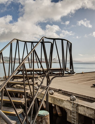The skeletal steel frame of the Taranaki Wharf jump platform. 