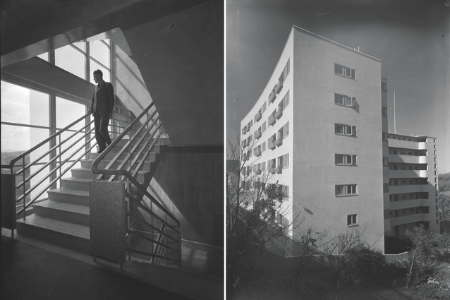 An early photograph of the staircase; an early photograph with Block A on the left and Block B on the right.