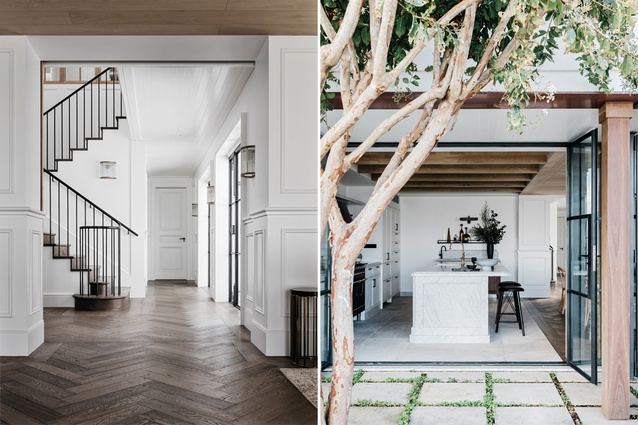 A crepe myrtle tree grows outside the kitchen. The ceiling is lined in raw European oak tongue and groove wide-format planks with arrised edges.