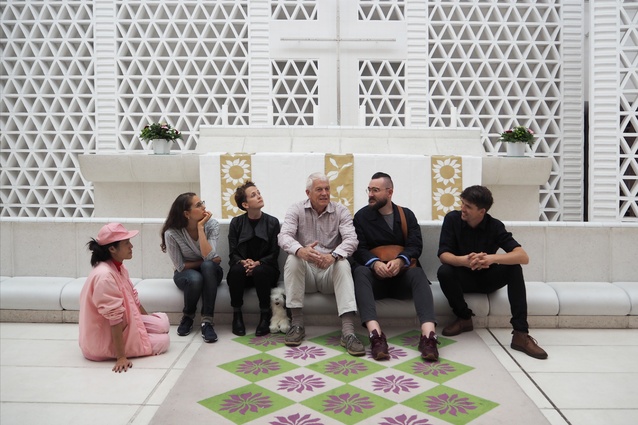 Dulux Study Tour participants (from left) Qianyi Lim, Hannah Slater, Katy Moir, Mathew van Kooy and Chris Gilbert with Jan Utzon (centre) in the Bagsværd Church.