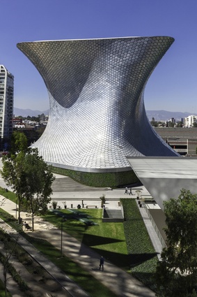 Museo Soumaya, Mexico, 2011 by FR-EE/Fernando Romero Enterprise. A skin of 16,000 mirrored steel hexagonal tiles references traditional colonial ceramic-tiled building façades.