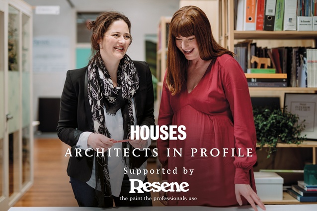 Eva Nash and Kate Rogan discussing house plans in their Morningside Drive studio, near Kingsland, Auckland.